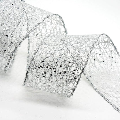 CT CRAFT LLC Sparkling Glitter Mesh Wired Ribbon 2.5" x 10 Yards Silver for Christmas Home Decor Bow Gift Wrapping DIY Crafts Wreath