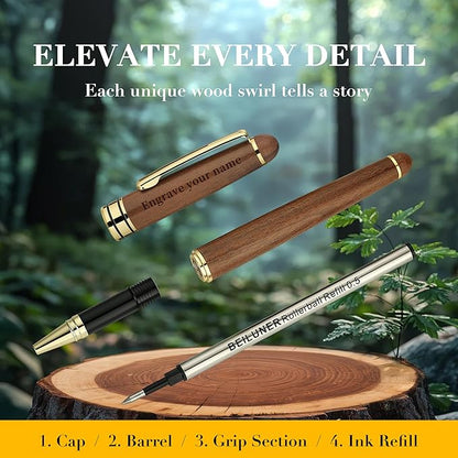 BEILUNER Luxury Personalized Wood Ballpoint Pen Writing Set,Walnut-Elegant Fancy Nice Gift Pen Set for Signature Executive Business Office Supplies - Christmas Gift Boxed with Extra Refills (Black)