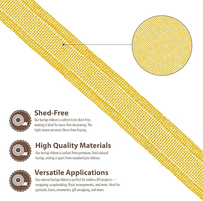 Mandala Crafts Yellow Burlap Wired Ribbon 1 Inches Wide Jute Ribbons for Crafts - 10 Yds Roll Rustic Burlap Wrap Trim Ribbons for Wreaths Bows Party Decoration