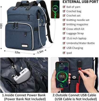 Crochet Backpack,Knitting Bag Backpack Yarn Storage Organizer Travel Crochet Bag with USB Charging Port,Large Yarn Tote Bag Yarn Holder Case for Knitting Needles,Crochet Hooks,Crochet Accessories,Blue