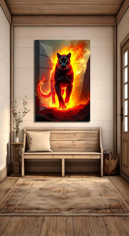 SpiritualHands Fiery Black Panther Glass Wall Art Painting for Living Room, Tempered Glass Modern Prints Decor, Large Vivid Color Panel for Bedroom, Kitchen, or Office