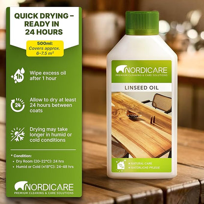 Nordicare Linseed Oil for Wood - 100% Pure & Natural Linseed Oil for Entire Indoor Area - Food-Safe Raw Linseed Oil for Wood Furniture - Underlines the Original Wood Structure - Made in Denmark 16.9oz