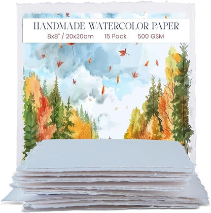 Wanderings Thick Handmade Watercolor Paper with Deckled Edge - 8"x8" - 500GSM Premium Painting Paper White Cold Press Watercolor Paper Textured Mixed Media Paper Made with Recycled Cotton - 15 Sheets