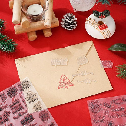 Whaline 4 Sheet Christmas Words Clear Stamps Greeting Words Santa Xmas Tree Pattern Silicone Transparent Stamps Border Stamp Cards for DIY Craft Card Making Scrapbooking Embossing Album Decor