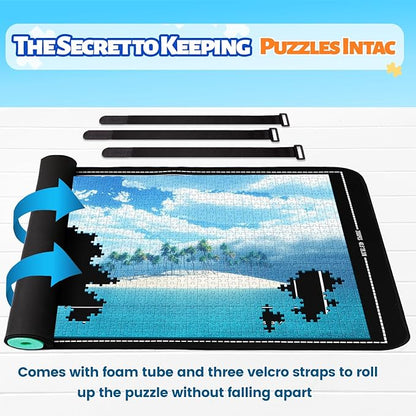 Jigsaw Puzzle Mat Roll Up, Portable Saver Pad 53” x 35” Up to 3000 Pieces, Puzzle Matt Rollup with Non-Slip Rubber Bottom & Smooth Top. (6 Sorting Trays & 1 Storage Bag)