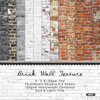 6x6 Brick Wall Texture Scrapbook Paper Pad | 24 Sheets (12 Designs) 160gsm Cardstock | Realistic Red, Whitewashed & Gray Brick Patterns for Dioramas, Dollhouses, Junk Journals & Crafts