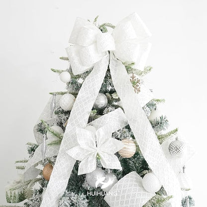 HUIHUANG White Glitter Wired Ribbon, 4 Inch x 30 Ft, Geometric Pattern, Polyester Material, Christmas Occasion