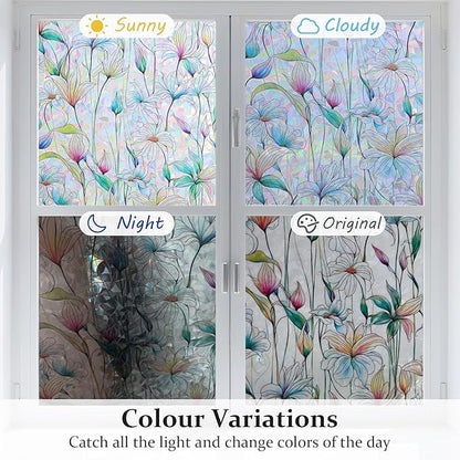 Donox Decorative Window Privacy Film, 3D Floral Stained Glass Window Film Static Cling Rainbow Privacy Sticker for Glass Door Heat Control Anti UV, No Adhesive (Magnolia,23.6 x 157.4 inches)