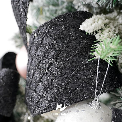 HUIHUANG Black Glitter Wired Ribbon 4 inch Black Christmas Tree Ribbon Diamond Mesh Wire Ribbon for Tree Decorations, Wreaths, Garland, Large Bows Making, Halloween Decor -10 Yards