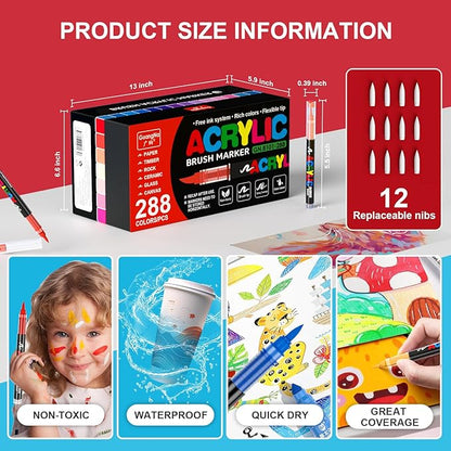 288 Colors Acrylic Paint Markers Soft Brush Tip, Water-Based Paint Pens with Automatic Ink Control System, Odorless, Waterproof, Quick-Dry, Lightfast, for Rock Painting, Canvas, Wood, Egg & DIY Crafts