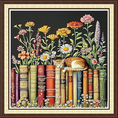 Findvoor Counted Cross Stitch Kits for Adults Full Range of Cross Stitching Embroidery Unprinted Pattern for Beginners, 11CT Needlepoint Kit Patterns Embroidery Kits-Books, Cats, Flowers 18x18 inch