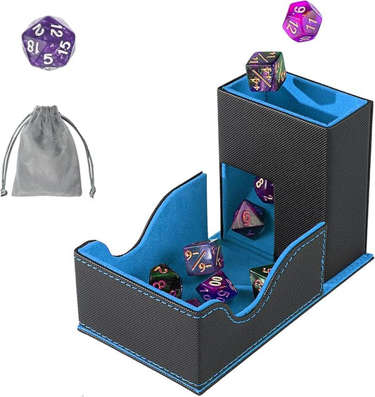 Dice Roller Tower, Premium DND Magnetic Dice Tray, Foldable PU Leather Dice Tower RPG Gifts for Dungeons and Dragons MTG Dm & Player Black/Blue