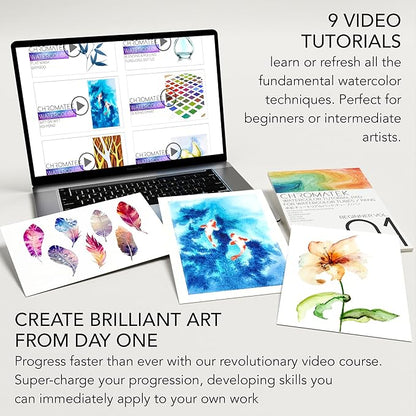 CHROMATEK Watercolor Paint Set - 62 Piece Kit - Video Tutorial Course - For Adults, Beginner & Professional Artists - 26 Tubes (12ml), Sketch Pad, 8 Painting Brushes, Aquapen, Palette, Masking Tape
