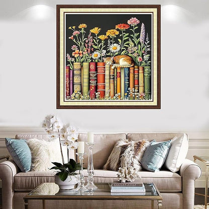Findvoor Counted Cross Stitch Kits for Adults Full Range of Cross Stitching Embroidery Unprinted Pattern for Beginners, 11CT Needlepoint Kit Patterns Embroidery Kits-Books, Cats, Flowers 18x18 inch