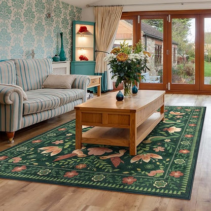Morebes Washable Floral 5x7 Green Area Rug for Living Room, Large Boho Bird Rug for Bedroom Non Slip, Soft Vintage Plant Floor Carpet for Nursery Dining Kids Room Playroom Emerald Green