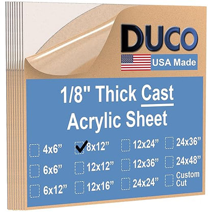 Duco USA-Made Clear Cast Acrylic Sheet 1/8 Inch Thick 8" x 12" - 8 Pack of Transparent Plexiglass Sheet - Lightweight Acrylic Board for Window Replacements, Displays, Signs, and More