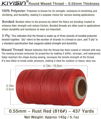 Sturdy Bonded Waxed Polyester Thread, 0.55mm, 437 Yards Wax String Cord - Rust Red for Leather, Hand Sewing, Stitching, Bookbinding, Beading, Bracelets and Macrame Jewelry Making