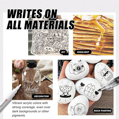 White Paint Marker Pens 6 Pack 0.7mm Extra Fine Tip, Permanent Acrylic Ink for Rock, Wood, Metal, Glass, Ceramic, Plastic, Canvas, Pens for DIY Crafts, Art & Fine Detailing