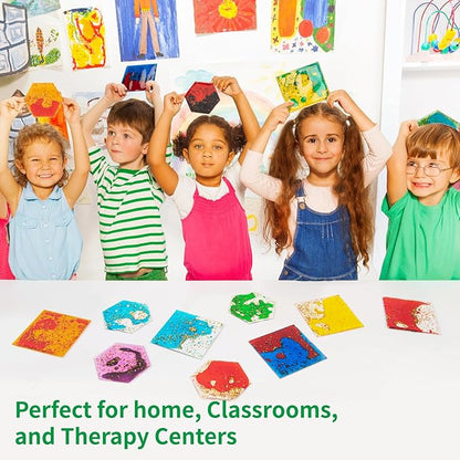 LONGKING 4-Pack Hexagon Liquid Tiles for Kids, Soft Gel Liquid Sensory Toys for Autistic Children, Sensory Mats, Sensory Toys for Toddlers 3-4