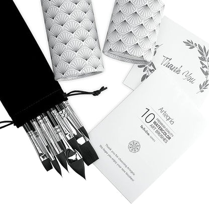 ARTEGRIA Watercolor Brush Set, 10 Professional Soft Synthetic Squirrel Paint Brushes, Including Pointed Rounds, Flats, Dagger, Oval Wash