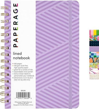 PAPERAGE Lined Spiral Journal Notebook, (Geometric Lavender), 160 Pages, Hardcover Journal for Women & Men, Medium 5.5 in x 8 in - 100 GSM, Thick Paper, Spiral Notebook for Work, School & Journaling