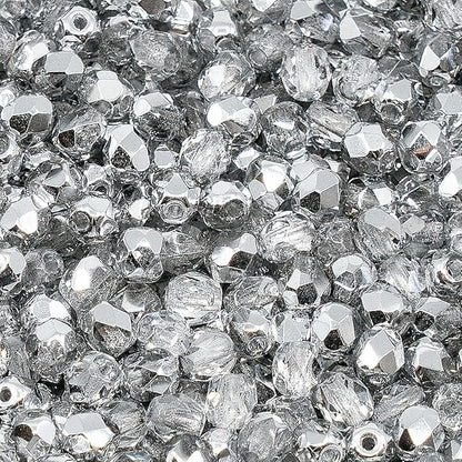 1.8 oz (50g, Approx. 600pcs) of Faceted Fire Polished Pressed Czech Glass Beads 4mm (0.16in), Crystal Silver Aluminum Labrador 00030-27001 BCV