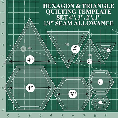 Quilting Acrylic Template Set | Precision Tools for Quilting Enthusiasts | Hexagon & Triangle Design | Includes Sizes 4", 3", 2", 1" | 1/8 Clear Acrylic | 1/4" Seam Allowance for Accuracy