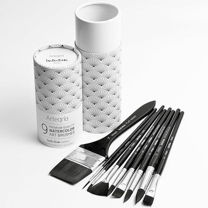 ARTEGRIA Watercolor Brush Set, 9 Professional Soft Synthetic Squirrel Paint Brushes, Including Round Detailers, Flat Wash, Rigger, Rake, Fan, Angled Shader