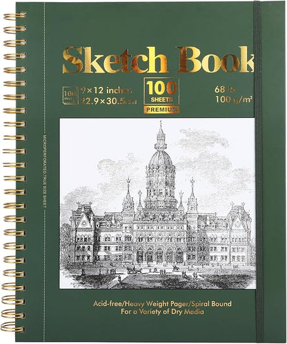 Ddaowanx 9" x 12" Sketch Book, 100 Sheets Spiral Bound Art Sketchbook with Pockets, (68lb/100gsm) Acid Free Artist Drawing Pad Paper Painting Sketching Pad,Gifts for Kids Adults Beginners