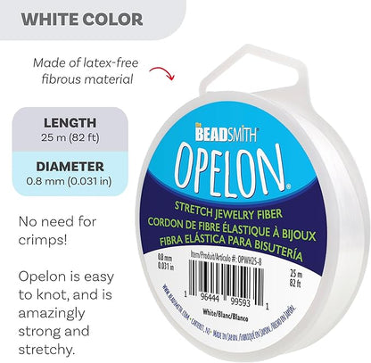 The Beadsmith Opelon Stretch Cord – Elastic Beading Fiber, White, 0.8 mm Diameter, 25 Meters (82 ft) Spool