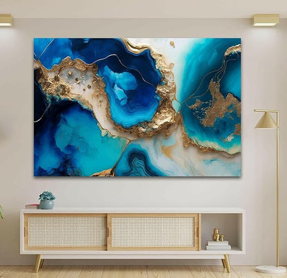 My Photostation.com 60WX40H'' Blue Alcohol ink Glass Wall ArtTempered Glass Printing Wall Decor Large Wall Art Wall Hangings