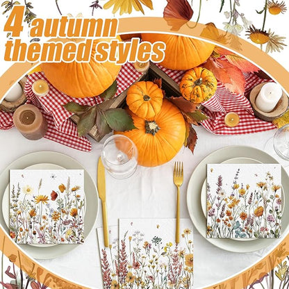 Fulmoon 200 Pieces Fall Floral Cocktail Napkins Disposable Autumn Flower Decoupage Paper Napkins Wildflower Beverage Towel for Thanksgiving Day Fall Party Favor Supplies
