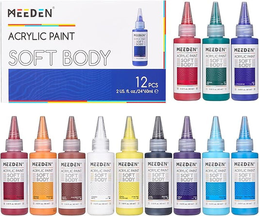 MEEDEN Soft Body Acrylic Paints Set: Matte Finish 12 Colors x 60ml/2oz Fluid Acrylic Paints for Art Painting on Canvas Wood & Glass for Students Adults Artists