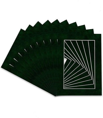 Pack of 25 Acid Free 8x10 Mats Bevel Cut for 6x8 Photos - Green Suede Precut Matboards With Backing Boards and Clear Photo Mat Bags For Pictures, Photos, Framing - 4-ply Thickness