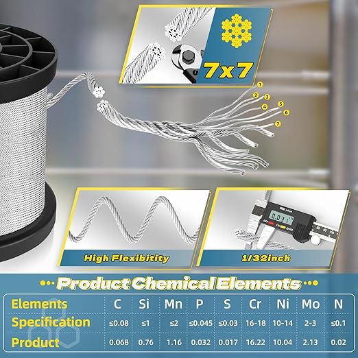 316 Stainless Steel Cable, 200FT 1/32IN Wire Rope with 50Pcs Aluminum Sleeves Stops, for String Lights Hanging, Clotheslines, Trellis Wire