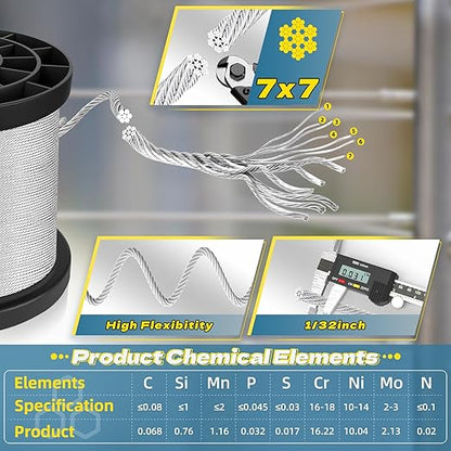 316 Stainless Steel Cable, 1000FT 1/32IN Wire Rope with 250Pcs Aluminum Sleeves Stops, for String Lights Hanging, Clotheslines, Trellis Wire