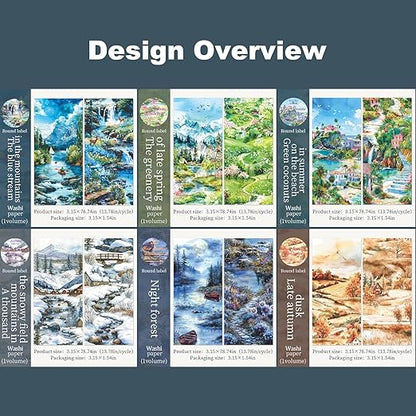 6 Rolls Seasons Landscape Washi Tape Set, 3.15in Large Nature Sticker Tape with Clip for Journaling, Scrapbooking, Planner Decoration, DIY Crafts and Art Projects
