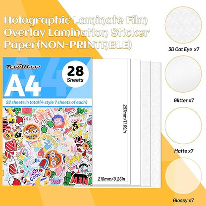 TECKWRAP Laminating Sheets Clear Vinyl Laminate Sheets Sticker Paper for Inkjet Printer Printable Vinyl Stickers, Photo Paper 8.26" x 11.69" A4 28 Sheets (3D Cat Eye, Glitter, Glossy, Matte)