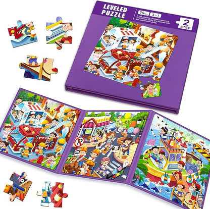 Magnetic Puzzles for Kids Ages 4-8, 3 in 1 Toddlers Cartoon Magnet Jigsaw Puzzle Book, Travel Toys, Preschool Learning Toy for Ages 3-8 (Purple Squad)