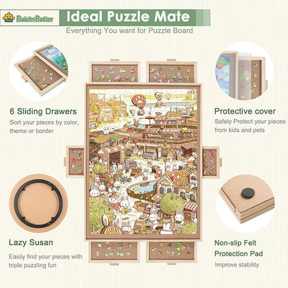 2000 Pieces Rotating Puzzle Board with 6 Drawers,40.16"x28.5" Portable Wooden Jigsaw Puzzle Table with Lazy Susan Spinning Cover for Adults