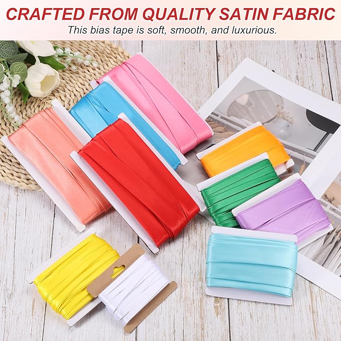 MECCANIXITY Double Fold Bias Tape for Sewing 1/3 Inch x 6 Yards Satin Pre-fold Continuous Binding Tape for Seaming Quilting Hemming Binding DIY Crafts, Rose Red