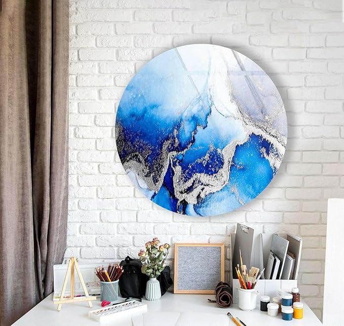 My Photostation.com 31.5''(80cm) Diameter Blue Marble Round with Silver Details Glass Wall Art Tempered Glass Printing Wall Decor Large Wall Art Wall Hangings