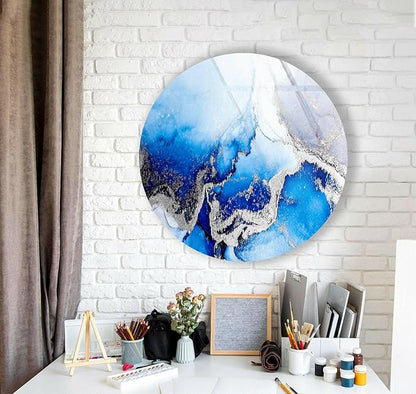 My Photostation.com 27.5''(70cm) Diameter Blue Marble Round with Silver Details Glass Wall Art Tempered Glass Printing Wall Decor Large Wall Art Wall Hangings