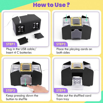 Card Shuffler 4 Deck Automatic, USB-Power & Battery-Operated Electric Shuffler Machine, Playing Card Shuffler for UNO,Poker,Home Card Games