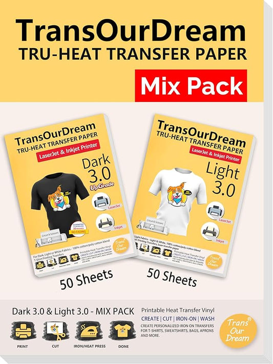 TransOurDream Tru-Heat Transfer Paper for T Shirts (50+50 Sheets, 8.5x11", Mix Pack) Printable Heat Transfer Vinyl for Dark & Light Fabrics Iron on Transfers for Laserjet & Inkjet Printer