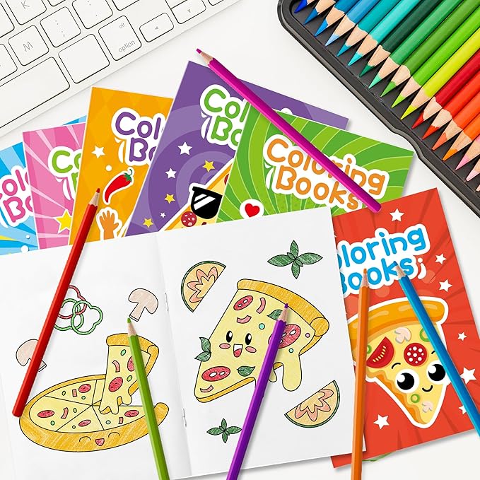 JAPBOR Pizza Coloring Book - 24PCS Mini Pizzas Themed Color Books Bulk for Kids Party Favors, Delicious Pizza Small Painting Pages for Birthday Gifts Class Drawing Colouring Game Goodie Bags Fillers
