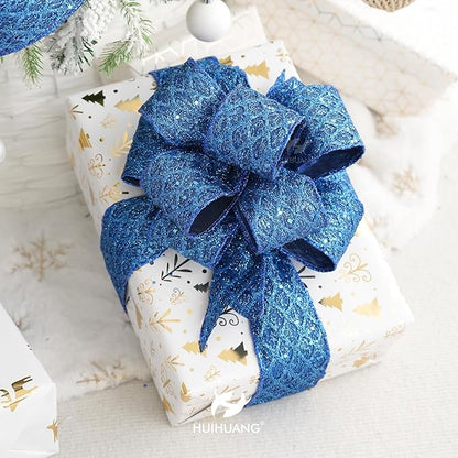 HUIHUANG Navy Blue Wired Christmas Ribbon 4 inch Navy Glitter Wired Ribbon Diamond Mesh Wire Ribbon for X-mas Tree Decorations, Wreaths, Garland, Large Bows Making, Home Decor -10 Yards