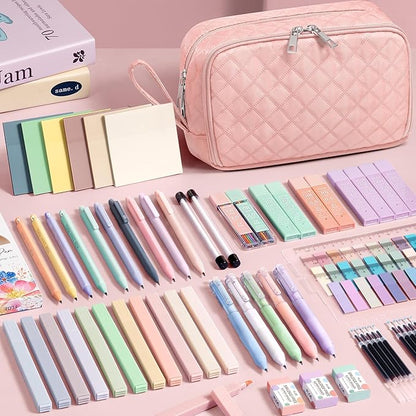 62PCS Aesthetic School Supplies with Cute Pencil Case, Pastel Highlighters Black Ink Gel Pens Mechanical Pencils Kit, Back to School Supplies College Essentials Preppy Stationary Set for Student Girls