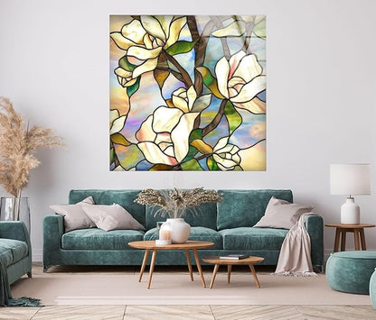 My Photostation.com 40WX60H'' Stained Magnolia Glass Wall Art Tempered Glass Printing Wall Decor Large Wall Art Wall Hangings