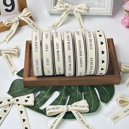 Cotton Herringbone Ribbon - Natural Twill Tape for Custom Gift Wrapping & DIY Crafts-5/8 Inch x 15 Yards - Happy Birthday Printed Phrase